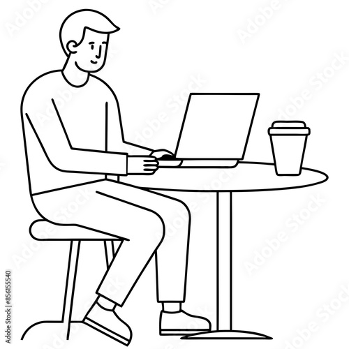 IT developer looking on a laptop vector line art and silhouette illustration