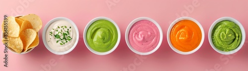 Assorted colorful dips and potato chips on a pink background. Delicious sauces in vibrant colors presented in bowls. Tasty appetizer snack. photo
