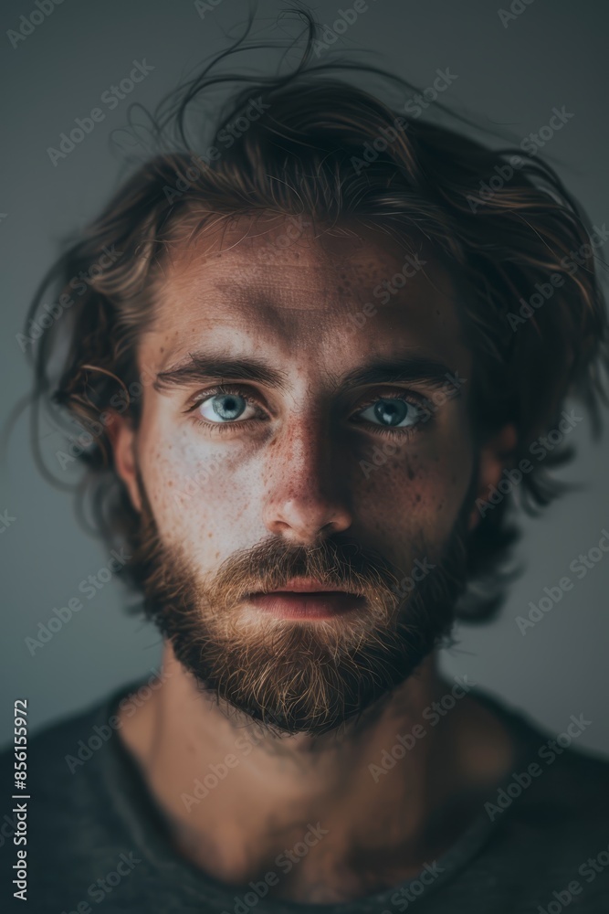 A close-up of a bearded man with freckles in his hair and eyes, gazing intently at the camera with a serious expression A close-up of a bearded man with freckles in his hair and eyes, gazing intently at the camera with a serious expression