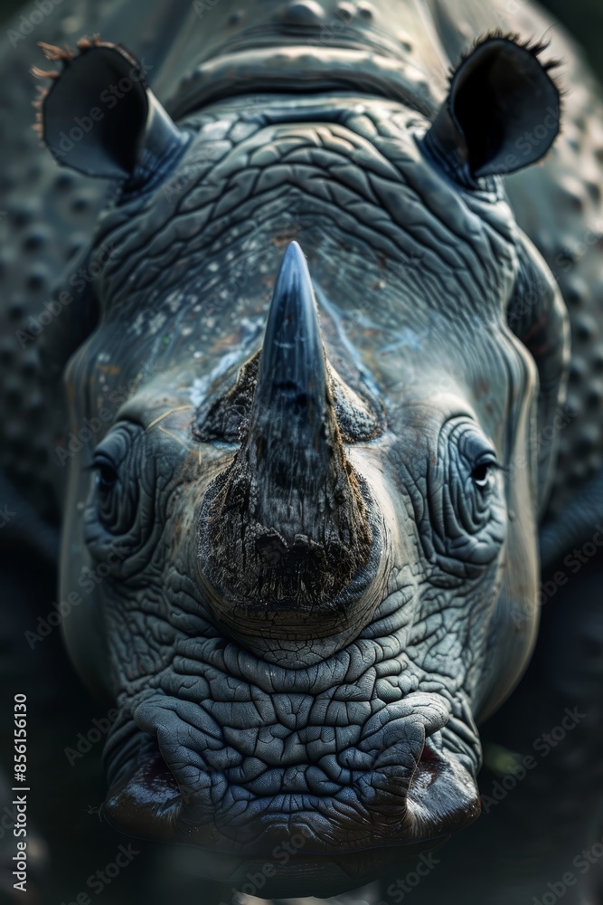 A tight shot of a rhino's craggy face, adorned with numerous wrinkles Its nostrils bear a smear of grime A tight shot of a rhino's craggy face, adorned with numerous wrinkles Its nostrils bear a smear of grime