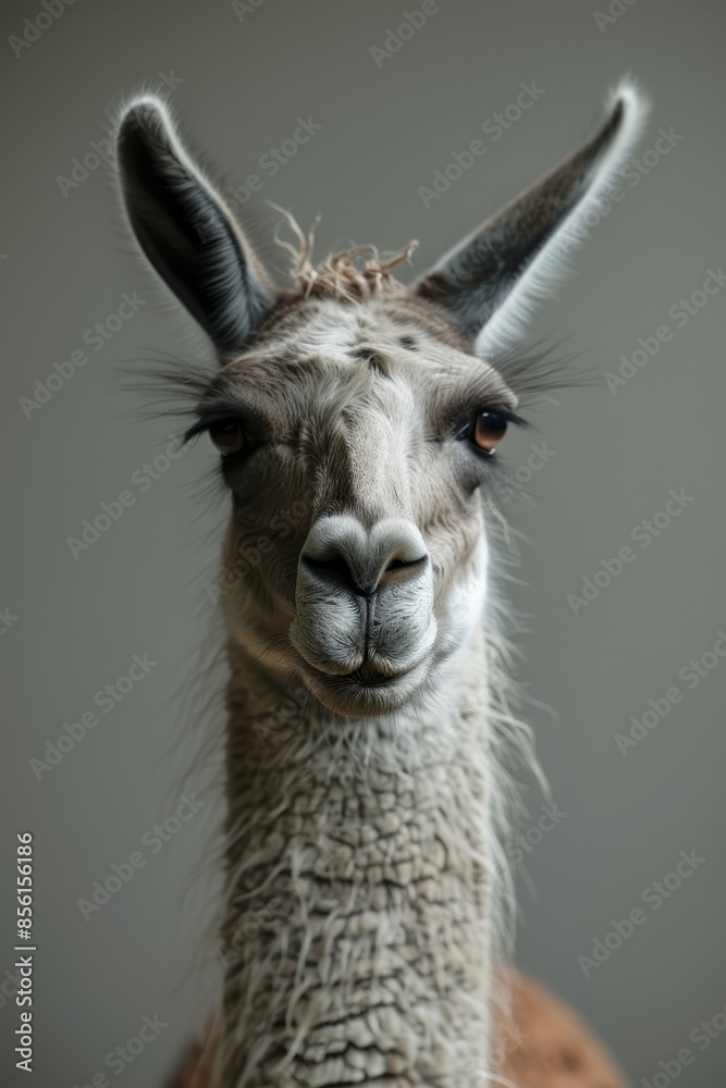  A close-up of a llama's face gazing at the camera, its serious expression set against a gray backdrop
