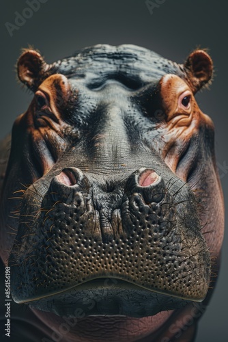  A tight shot of a hippo's face, mouth agape, and a nose ring adorning its neck Nearby, a human head is visible © Jevjenijs