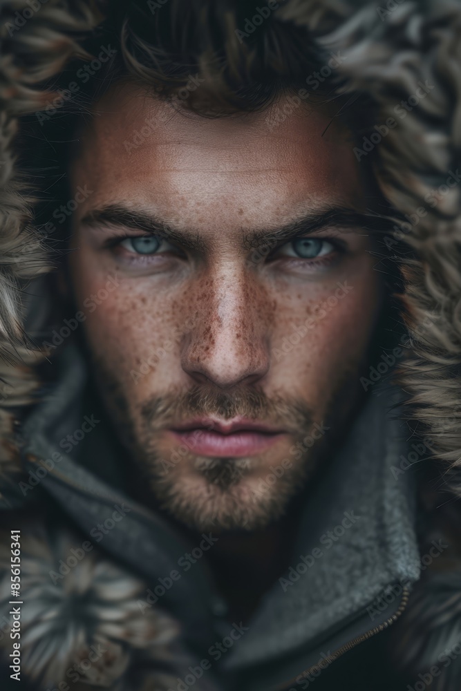 A man with freckled skin on both his face and hair wears a hooded jacket, gazing directly into the camera A man with freckled skin on both his face and hair wears a hooded jacket, gazing directly into the camera