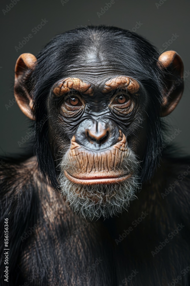 long white beard, monkey-like features, brown eyes against a black backdrop long white beard, monkey-like features, brown eyes against a black backdrop