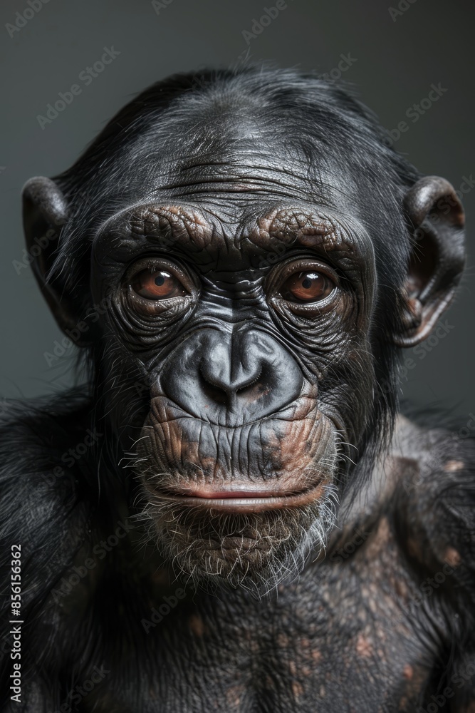 A close-up of a monkey's wrinkled face, gazing intently into the camera A close-up of a monkey's wrinkled face, gazing intently into the camera