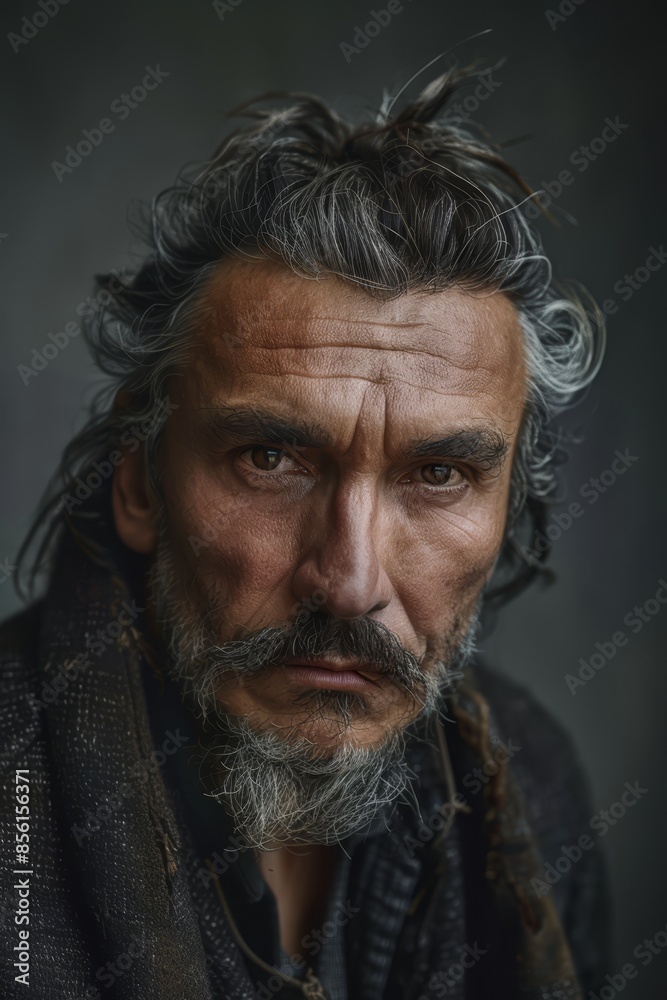 A man with grey hair and beard wears a black jacket, giving a serious look to the camera A man with grey hair and beard wears a black jacket, giving a serious look to the camera