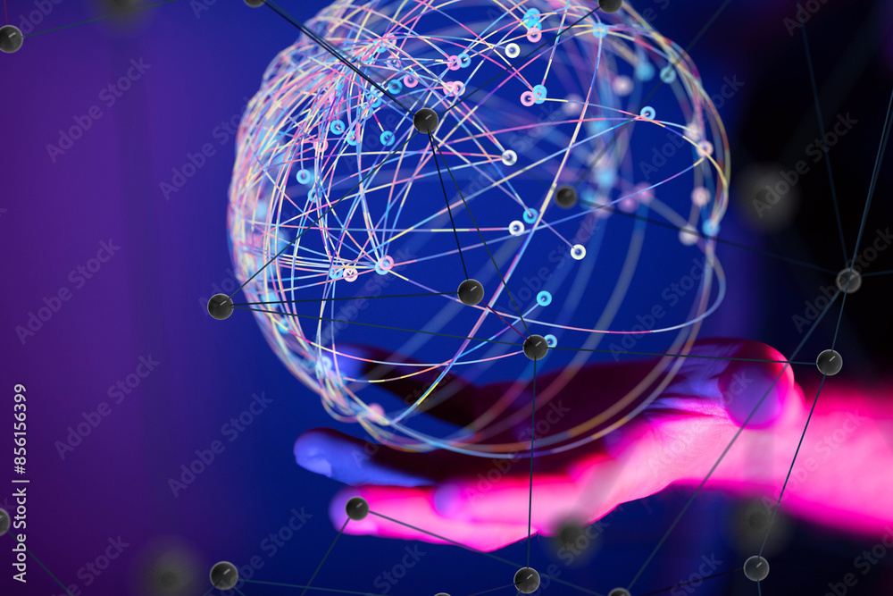 Global network. Blockchain. 3D illustration. Neural networks and artificial intelligence. Abstract
