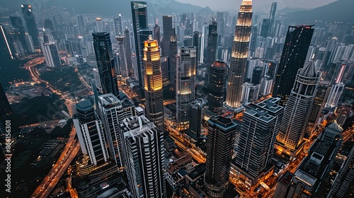 Aerial view of a modern city skyline with tall skyscrapers illuminated at night
