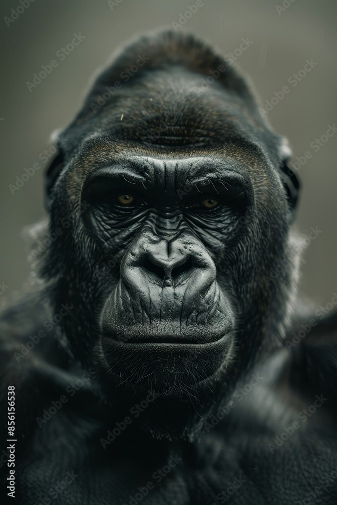A tight shot of a gorilla's intense face In the foreground, a blurred gorilla head A tight shot of a gorilla's intense face In the foreground, a blurred gorilla head