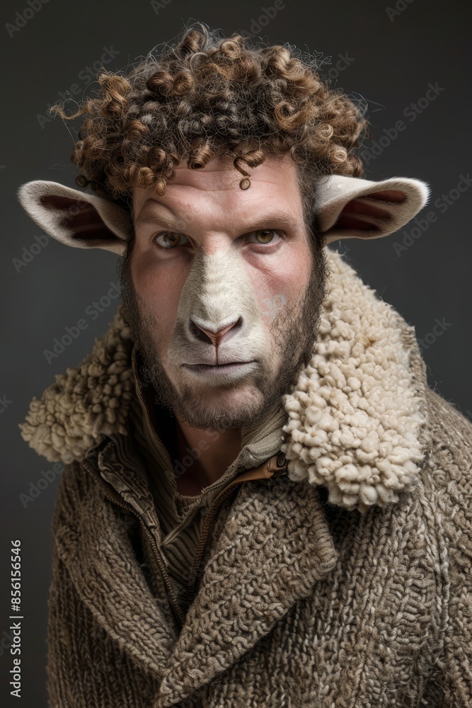A man with a goat's head and goat's hair wears a sheepskin coat A sheep's head gazes at the camera A man with a goat's head and goat's hair wears a sheepskin coat A sheep's head gazes at the camera