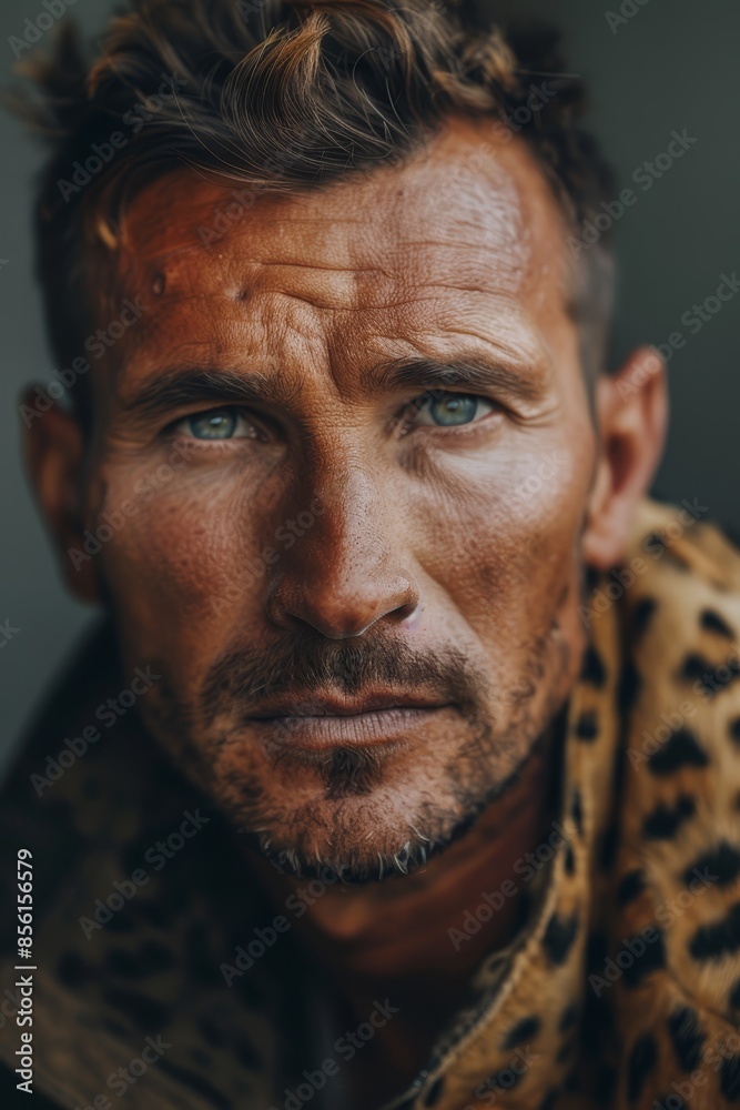  A close-up of a person wearing a leopard print shirt, gazing intently into the camera with a serious expression