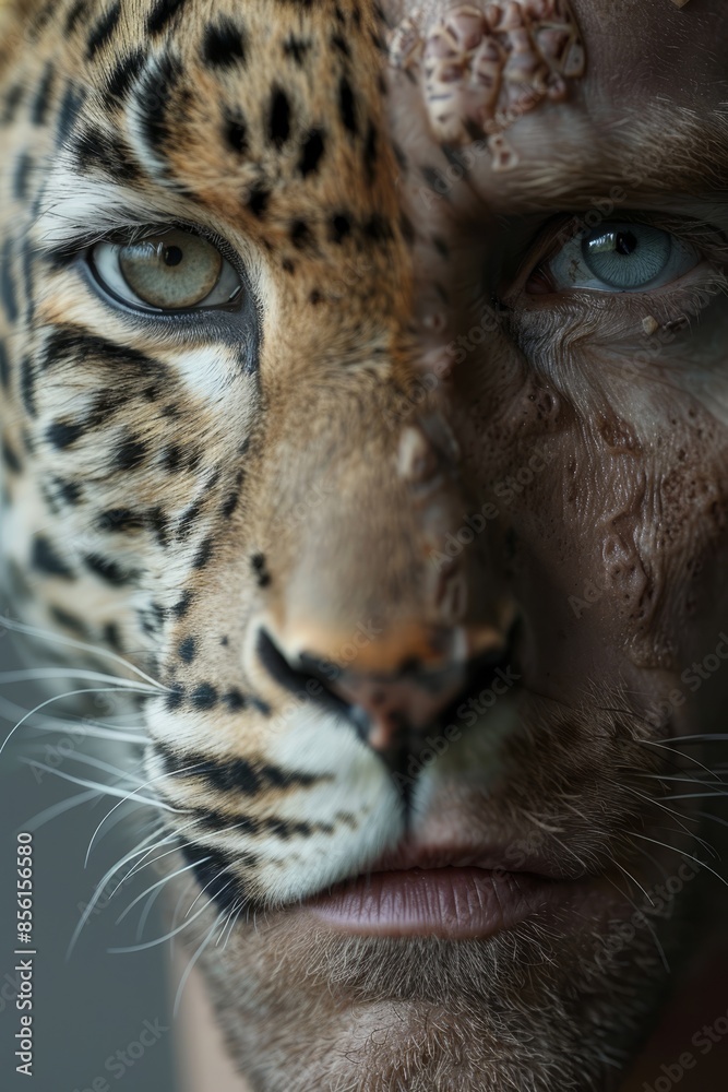 A man's face with a painted-on cheetah mask A man's face with a painted-on cheetah mask