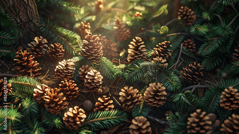 Pine cones on forest floor in sunlight, nature close-up. Tranquil natural scene concept. Pine cones on forest floor in sunlight, nature close-up. Tranquil natural scene concept.