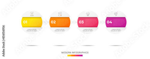 Business vector infographics with four circles and arrows. Timeline visualization with 4 steps for diagram, flowchart, banner, presentations, web, content, levels, chart, graphic