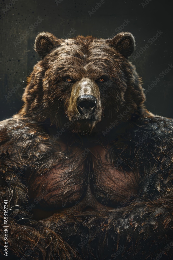 A tight shot of a bear with wet chest fur and droplets on its face against a black backdrop The background is speckled with raindrops A tight shot of a bear with wet chest fur and droplets on its face against a black backdrop The background is speckled with raindrops
