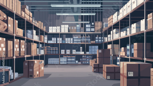 Spacious warehouse with organized shelves, industrial storage facility.