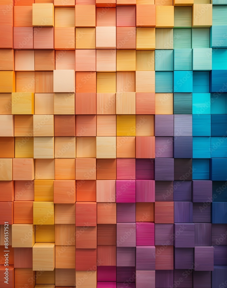Artistic layout of colorful wooden blocks, gradient alignment from warm to cool tones, overhead perspective Artistic layout of colorful wooden blocks, gradient alignment from warm to cool tones, overhead perspective
