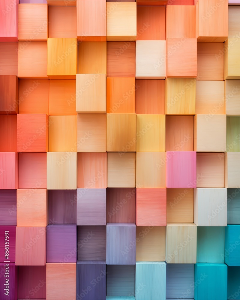 Artistic layout of colorful wooden blocks, gradient alignment from warm to cool tones, overhead perspective Artistic layout of colorful wooden blocks, gradient alignment from warm to cool tones, overhead perspective