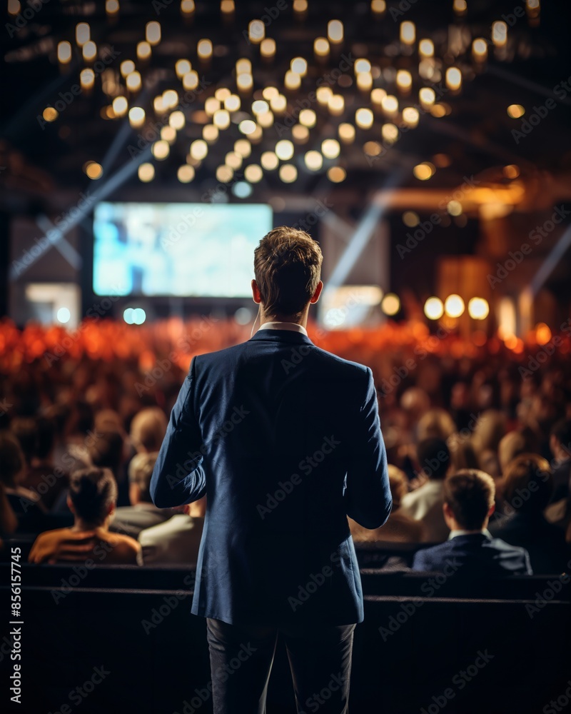 Back perspective of a speaker at a business conference, interacting with a diverse audience, large venue, ambient lighting Back perspective of a speaker at a business conference, interacting with a diverse audience, large venue, ambient lighting
