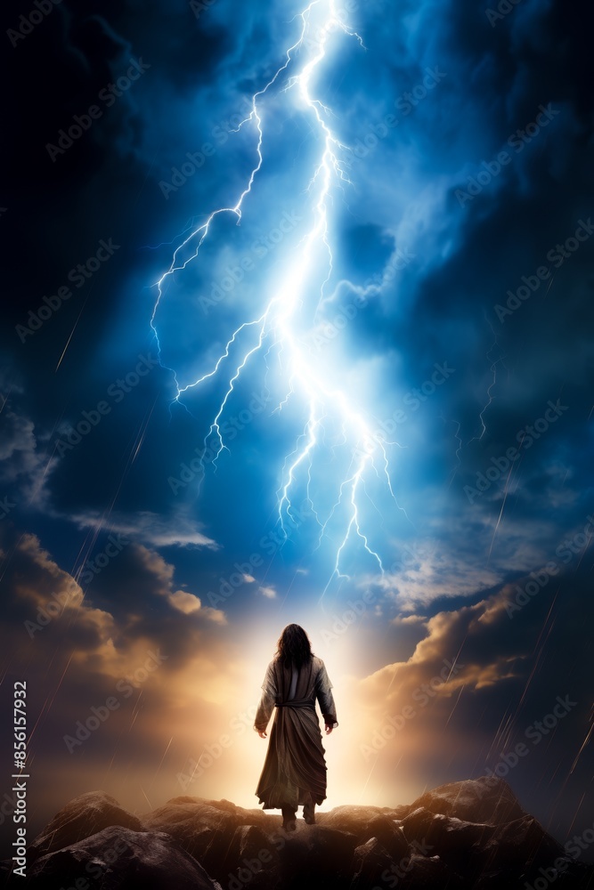 Captivating image of Jesus and a sudden bolt of lightning against a vivid blue sky, symbolizing power and divinity, rear view. Captivating image of Jesus and a sudden bolt of lightning against a vivid blue sky, symbolizing power and divinity, rear view.