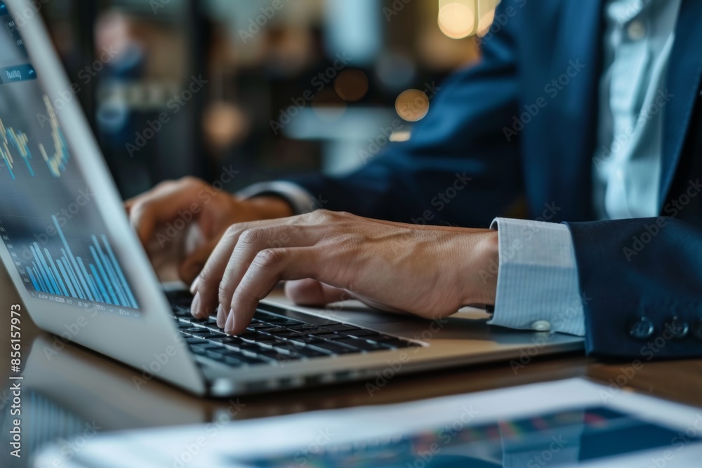 Businessman in formal attire analyzing chart on laptop screen, concept of business and technology Businessman in formal attire analyzing chart on laptop screen, concept of business and technology