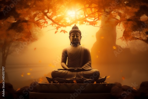 Buddha statue at sunrise, seated under a Bodhi tree, gentle rays illuminating the figure, creating a peaceful and spiritual atmosphere.