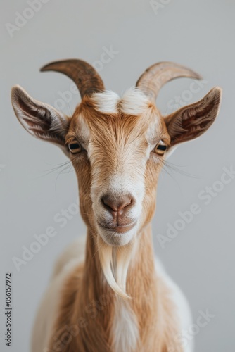  A goat's face with prolonged horns and an additional goat's head emerging from its ear, set against a gray backdrop © Jevjenijs
