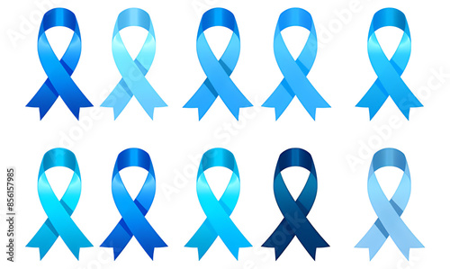Set of blue ribbons forSymbol of prostate cancer awareness month on a transparent background