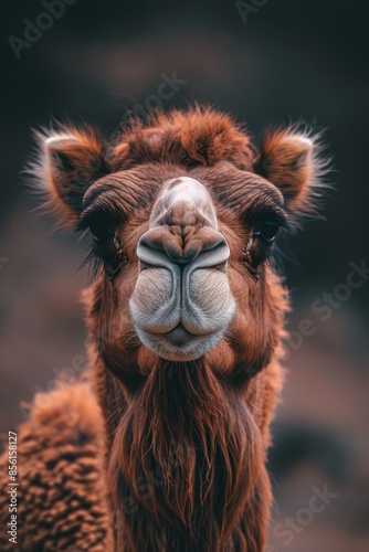  A tight shot of a camel's face The camel's eyes gaze directly into the camera, while its surrounding fur is subtly blurred, creating a contrasting back © Jevjenijs
