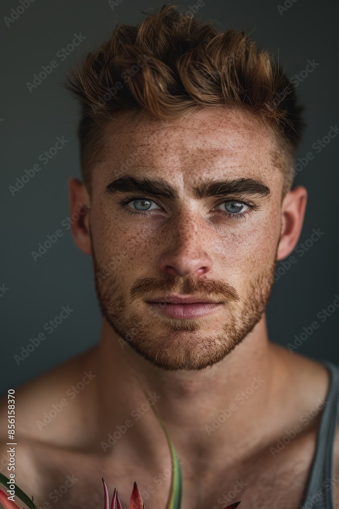 A tight shot of a man with a flower before his face, a plant emerging from his chest, and a man's face visible behind A tight shot of a man with a flower before his face, a plant emerging from his chest, and a man's face visible behind