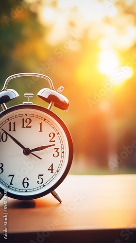 Daylight saving time concept, close-up of a clock with hands moving forward, bright morning light, clear focus photo