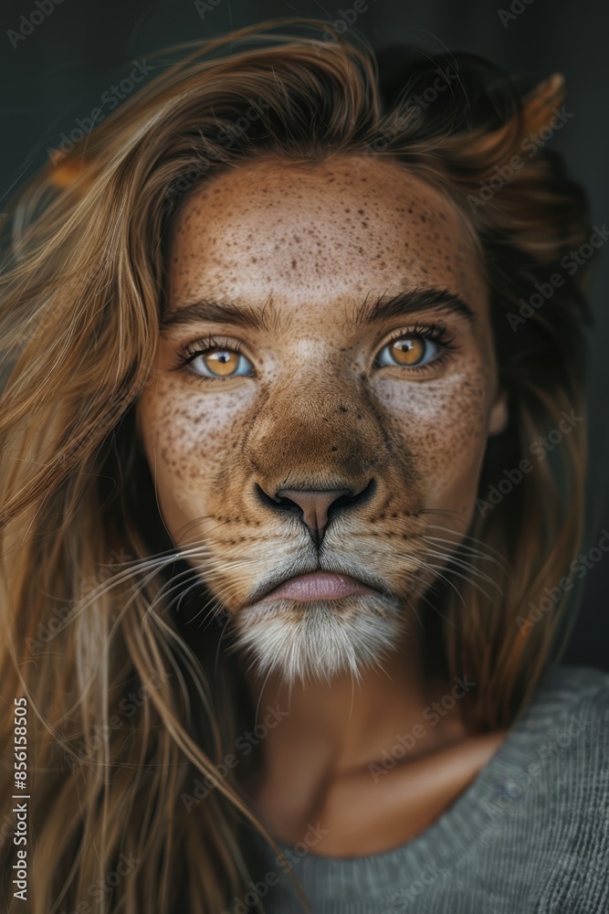A woman with freckles on her face A lion with freckles on its face A woman with freckles on her face A lion with freckles on its face