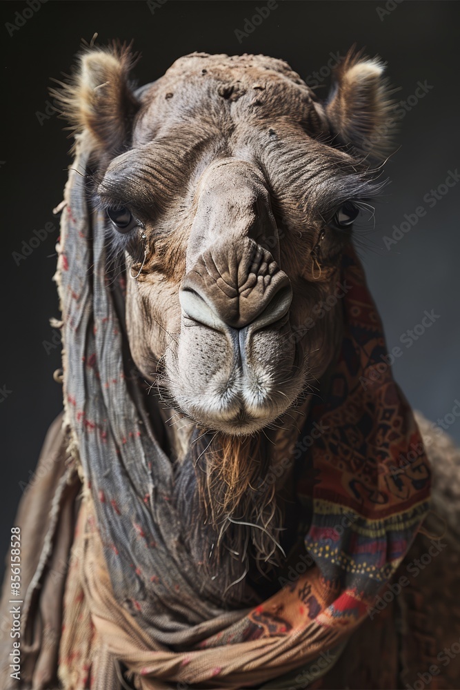 eyes wide, head tilted, scarf around neck eyes wide, head tilted, scarf around neck