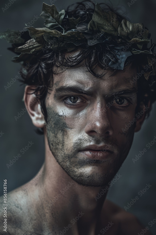 A man, mud smeared on his face, wears a wreath of leaves atop his head as he gazes into the camera A man, mud smeared on his face, wears a wreath of leaves atop his head as he gazes into the camera