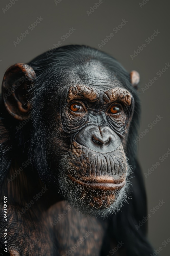 A tight shot of a monkey's orange-eyed face against a black backdrop Gray wall present in the foreground A tight shot of a monkey's orange-eyed face against a black backdrop Gray wall present in the foreground