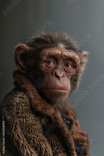  A close-up of a monkey in a coat, gazing seriously at the camera with an intent expression