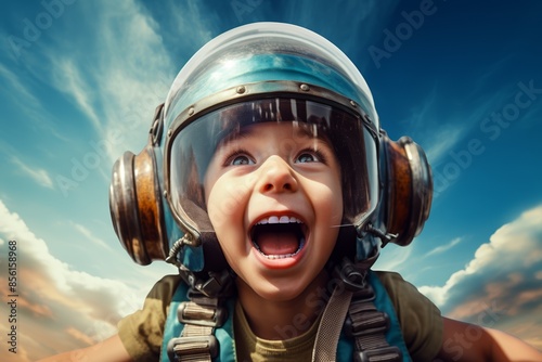Excited kid in a space helmet, eyes wide as a rocket soars into the blue sky, wonderment on face, vibrant backdrop