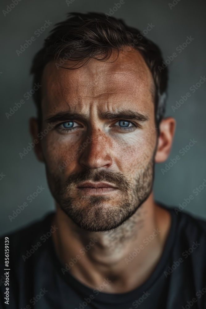A close-up of a man's face, with one side showcasing a serious expression The opposite side mirrors this, displaying an equally serious look A close-up of a man's face, with one side showcasing a serious expression The opposite side mirrors this, displaying an equally serious look