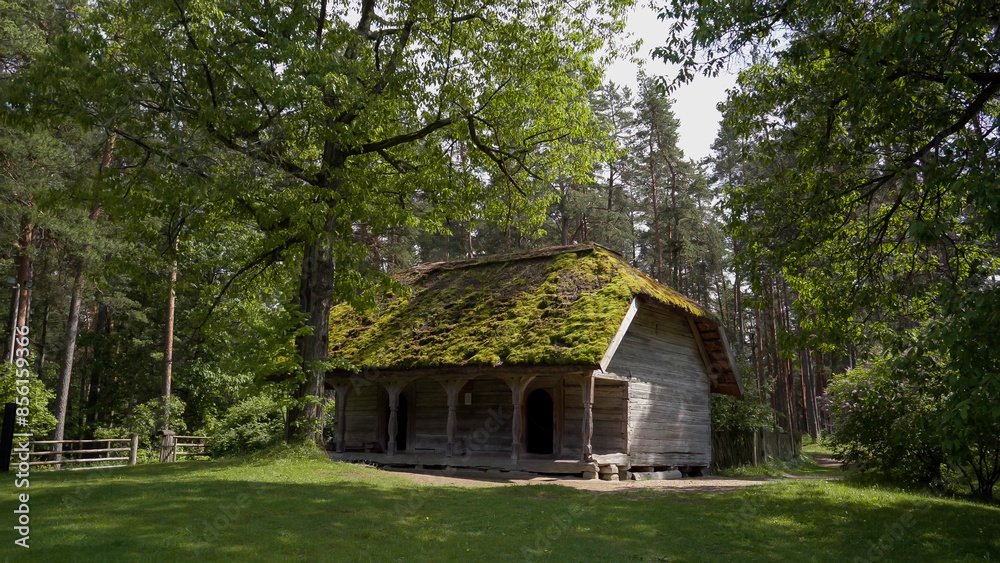 This is an ancient village in the forests of Latvia, the old wooden houses show us how people lived in this region in medieval times, the houses are among the tall leafy trees. This is an ancient village in the forests of Latvia, the old wooden houses show us how people lived in this region in medieval times, the houses are among the tall leafy trees.