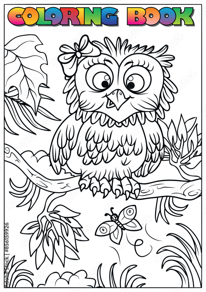 Fototapeta premium Black and white illustration of a cute owl with a bow sitting on a branch, perfect for children's coloring books
