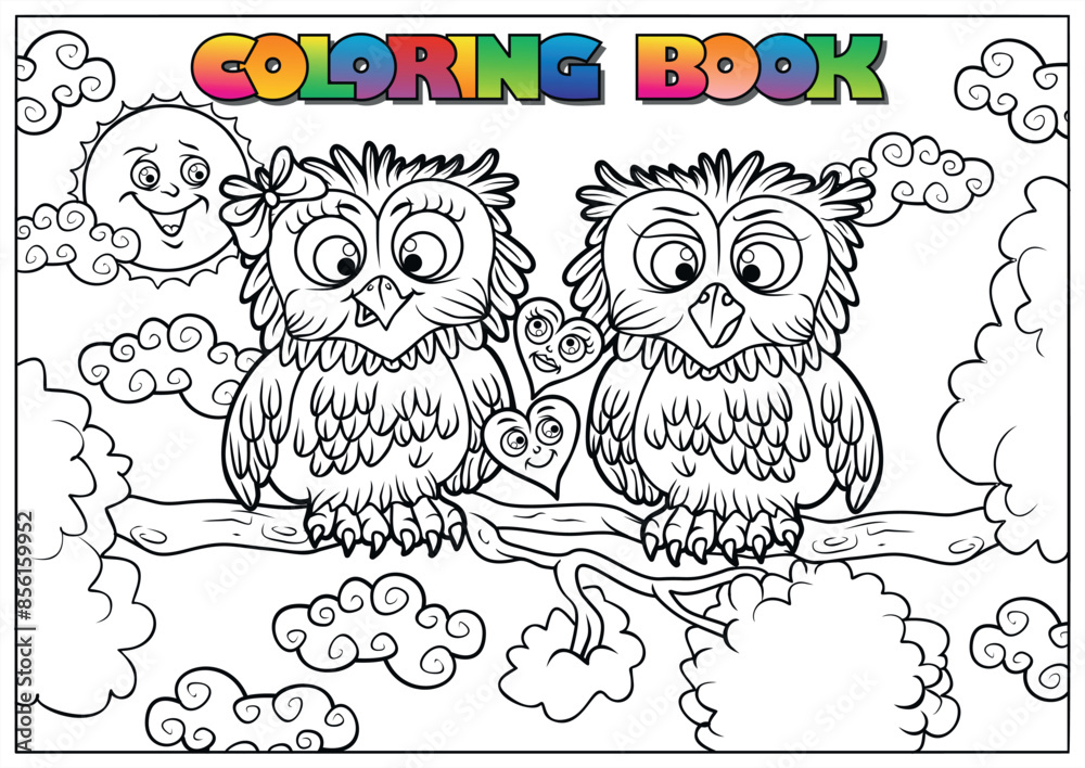 Obraz premium Black and white drawing of two owls in love, sitting on a tree branch, ready to be colored