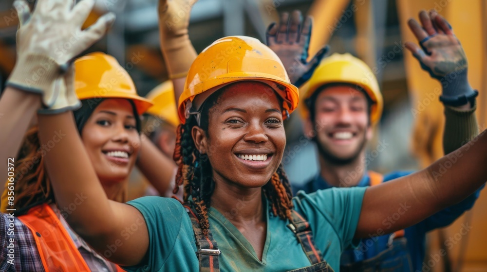 Diverse construction workers happily waving at the camera on the job site