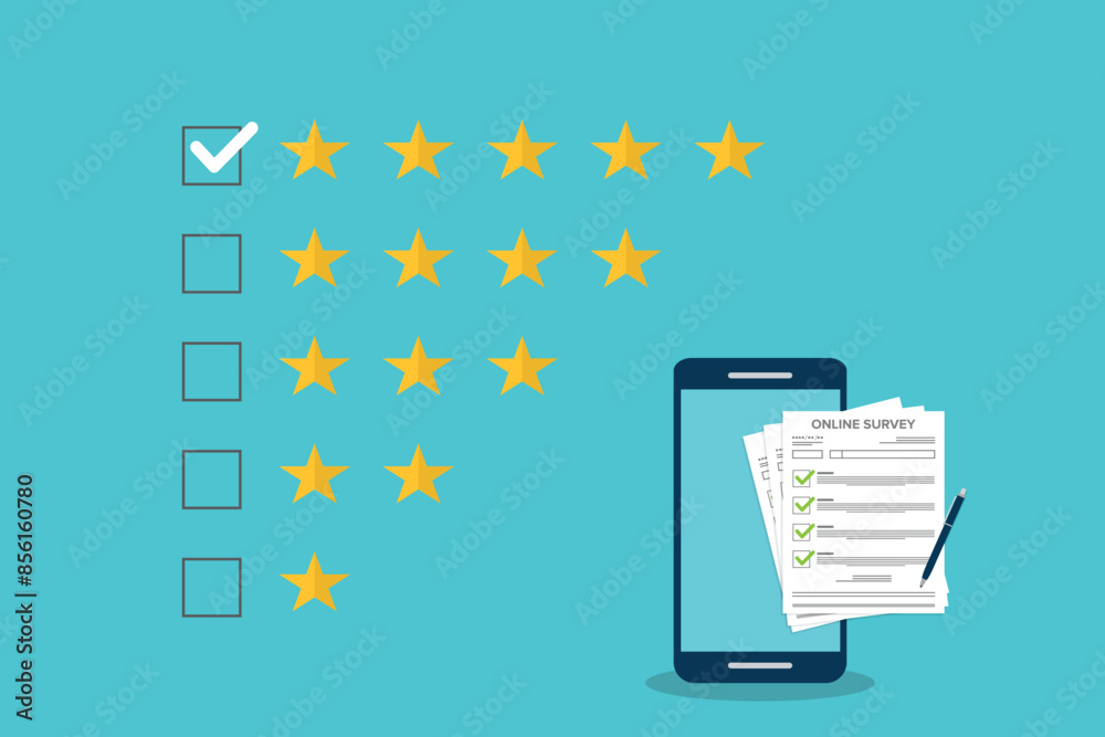 Five stars rating. Customers review and positive feedback. Online survey concept. Five stars rating. Customers review and positive feedback. Online survey concept.