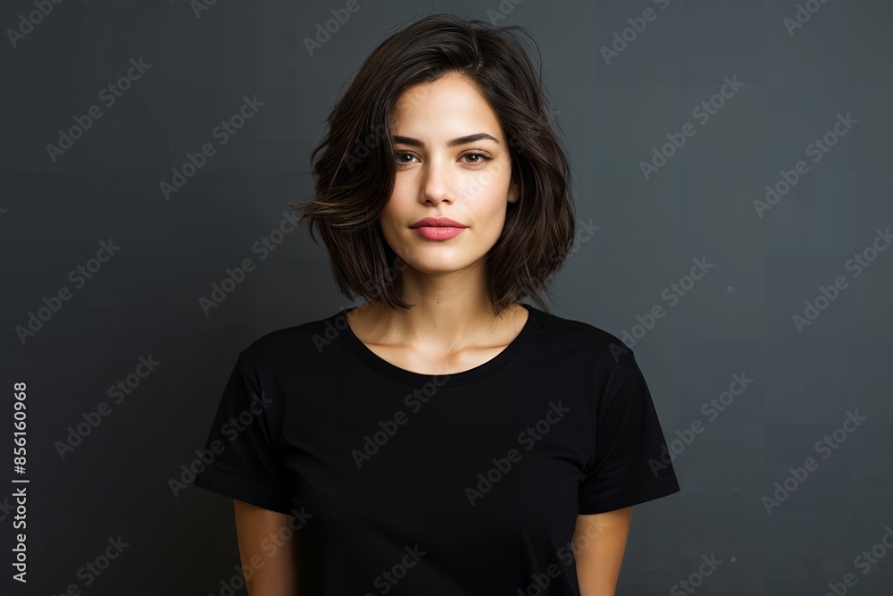 Portrait of a young woman in a simple black tee, stark white studio background, elegant pose, direct eye contact Portrait of a young woman in a simple black tee, stark white studio background, elegant pose, direct eye contact
