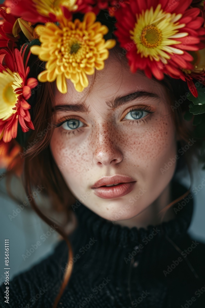  A woman with floral freckles on her head and in her hair gazes at the camera