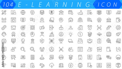 Online education icon set. Containing video tuition, e-learning, online course, audio course, educational website and digital education icons. Solid icon collection.