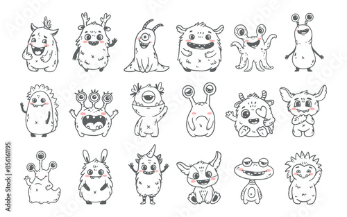  set of funny cute monsters for halloween. Cartoon monster. Space creature. Character in Doodle style. 