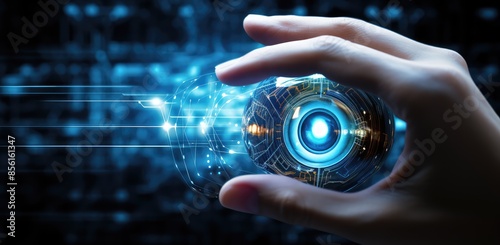 Businessman on blurred background using digital blue circle interface 3D rendering