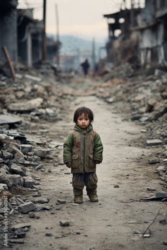 Small child in a desolate urban landscape, aftermath of an earthquake, expression capturing deep poorness, wide angle © Xyeppup