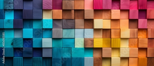 Vibrant array of colorful wooden blocks perfectly aligned, showcasing a spectrum of hues, top view, neat arrangement